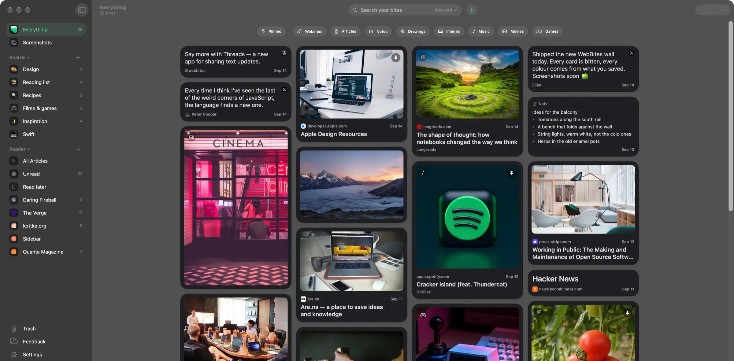 The WebBites Mac app, with boards and feeds in the sidebar beside a wall of saved bookmarks