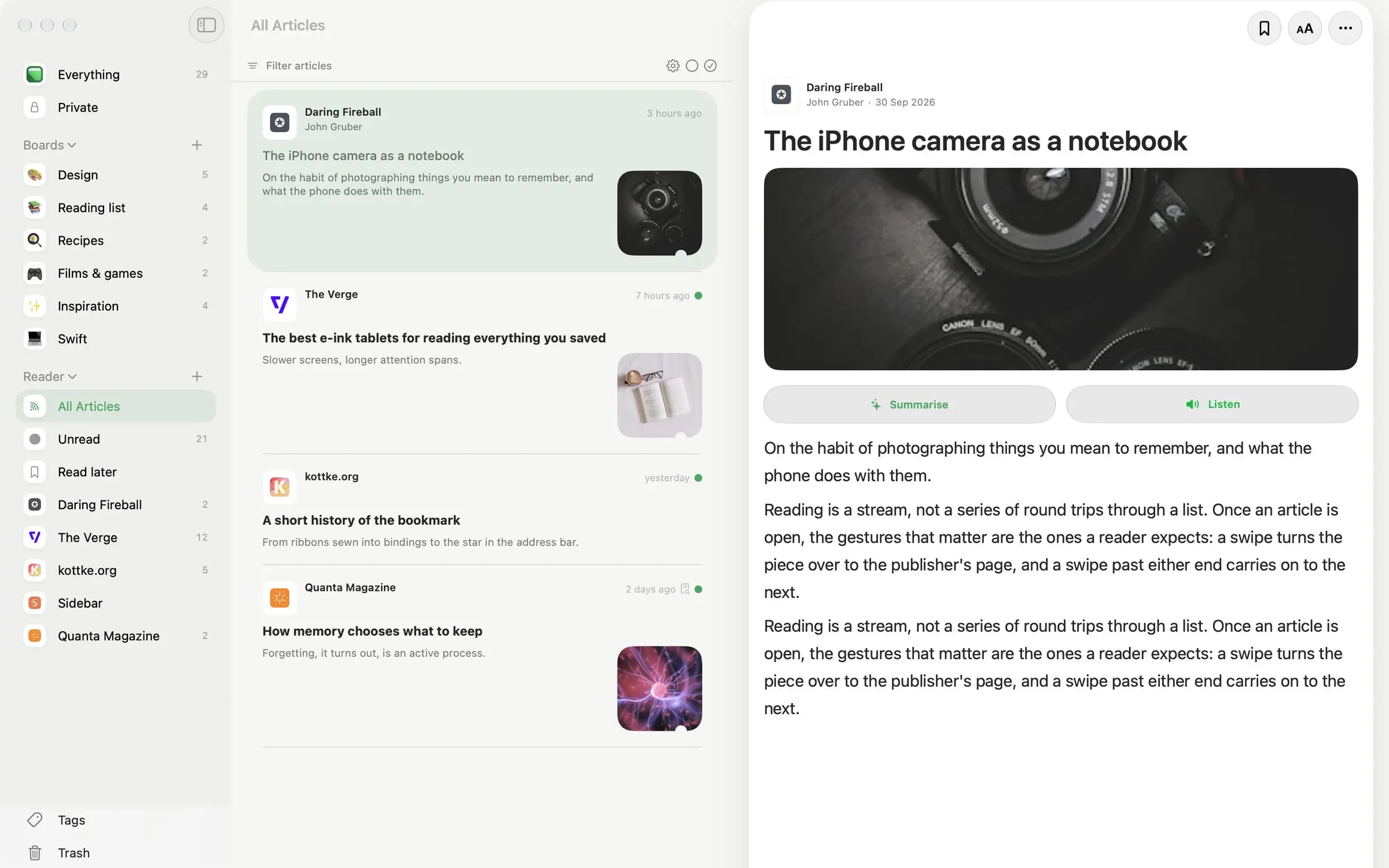 The WebBites feed reader on a Mac, with feeds in the sidebar and an article open beside them