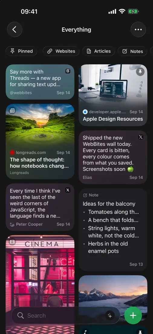 The WebBites iPhone app, showing the same saved bookmarks in two columns
