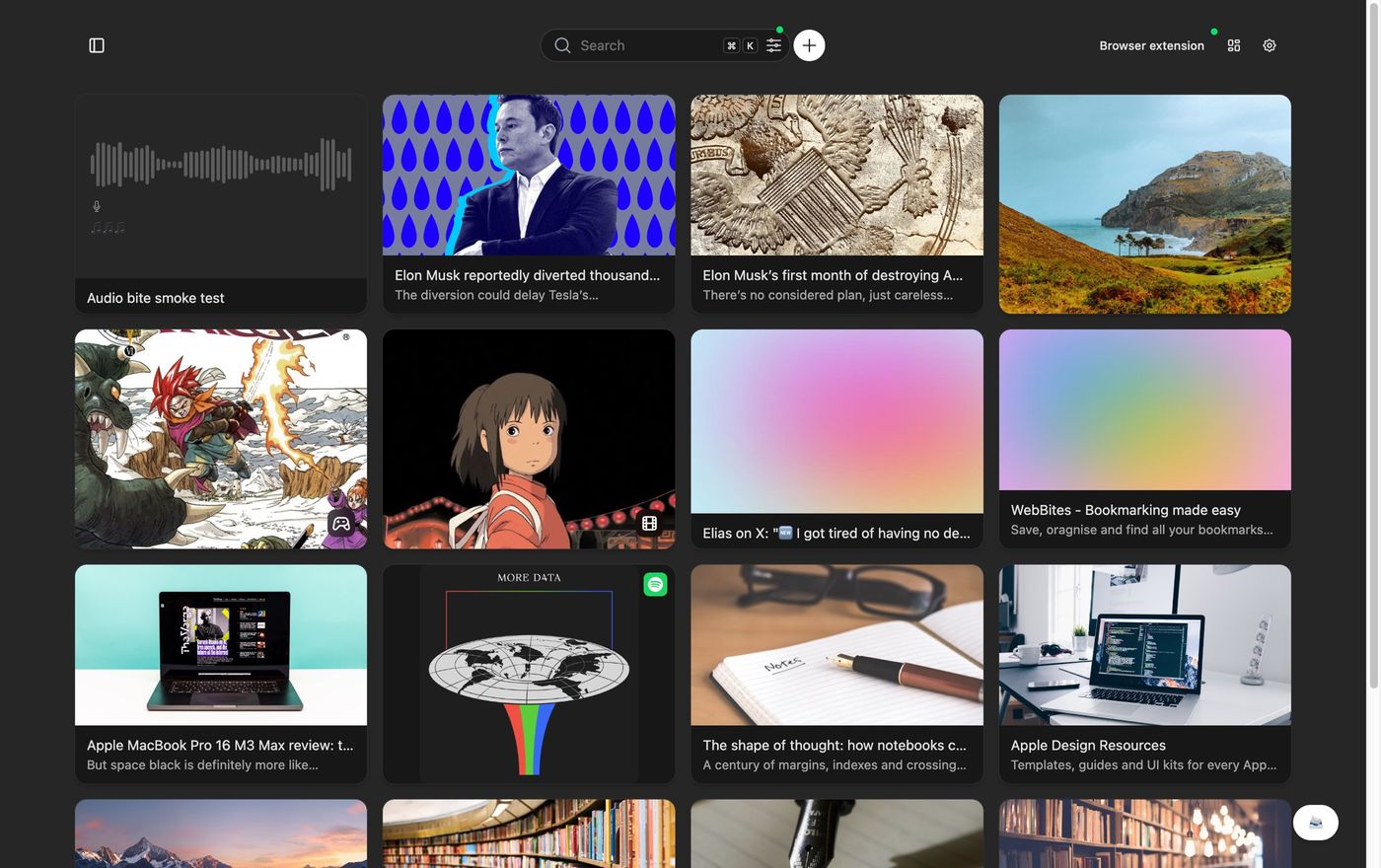 The WebBites wall in a browser, showing saved articles, images, notes and music side by side